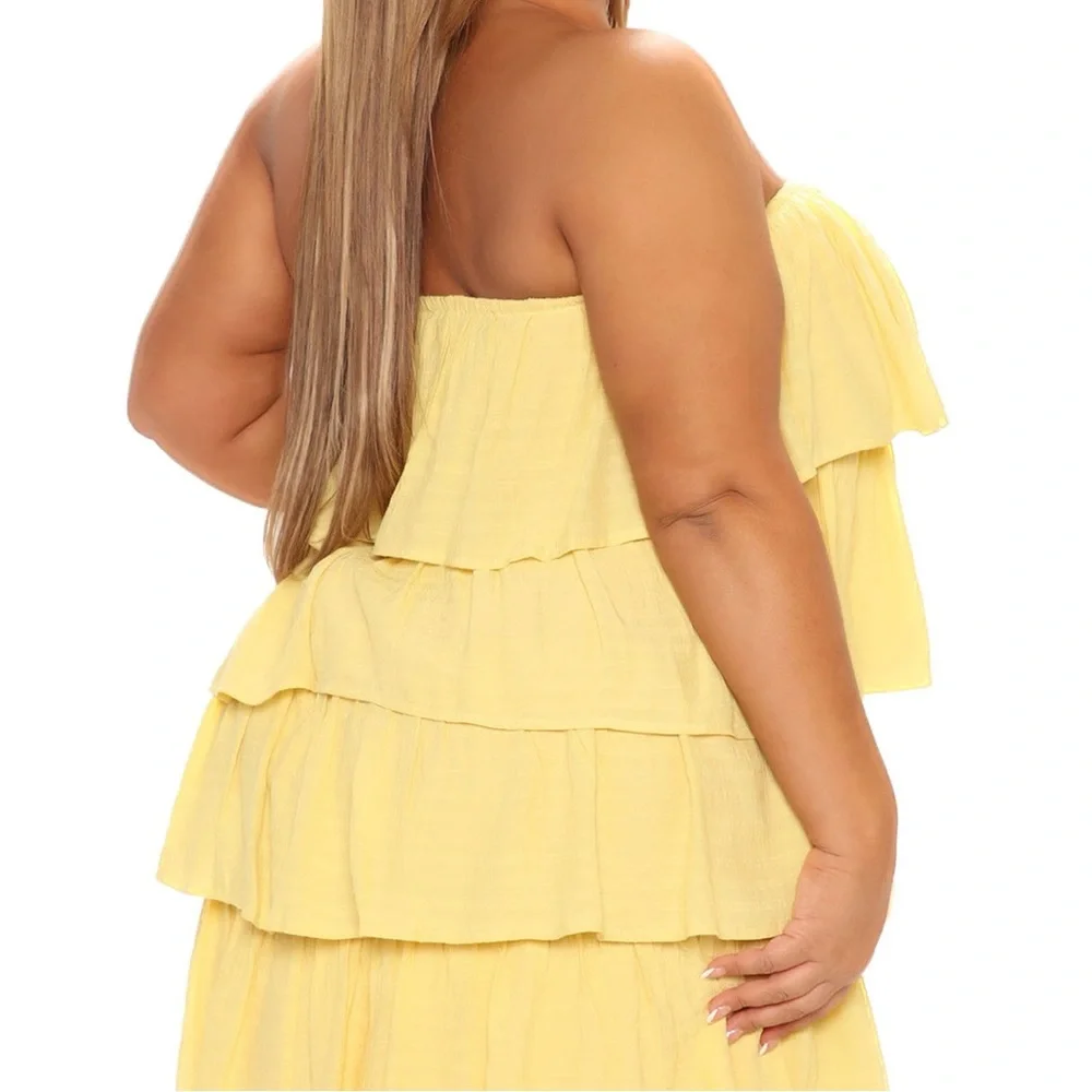 FASHIONNOVA NWT 1X 2X Yellow Ruffle It Up Strapless Mini Dress (T01.7) - Picture 3 of 5